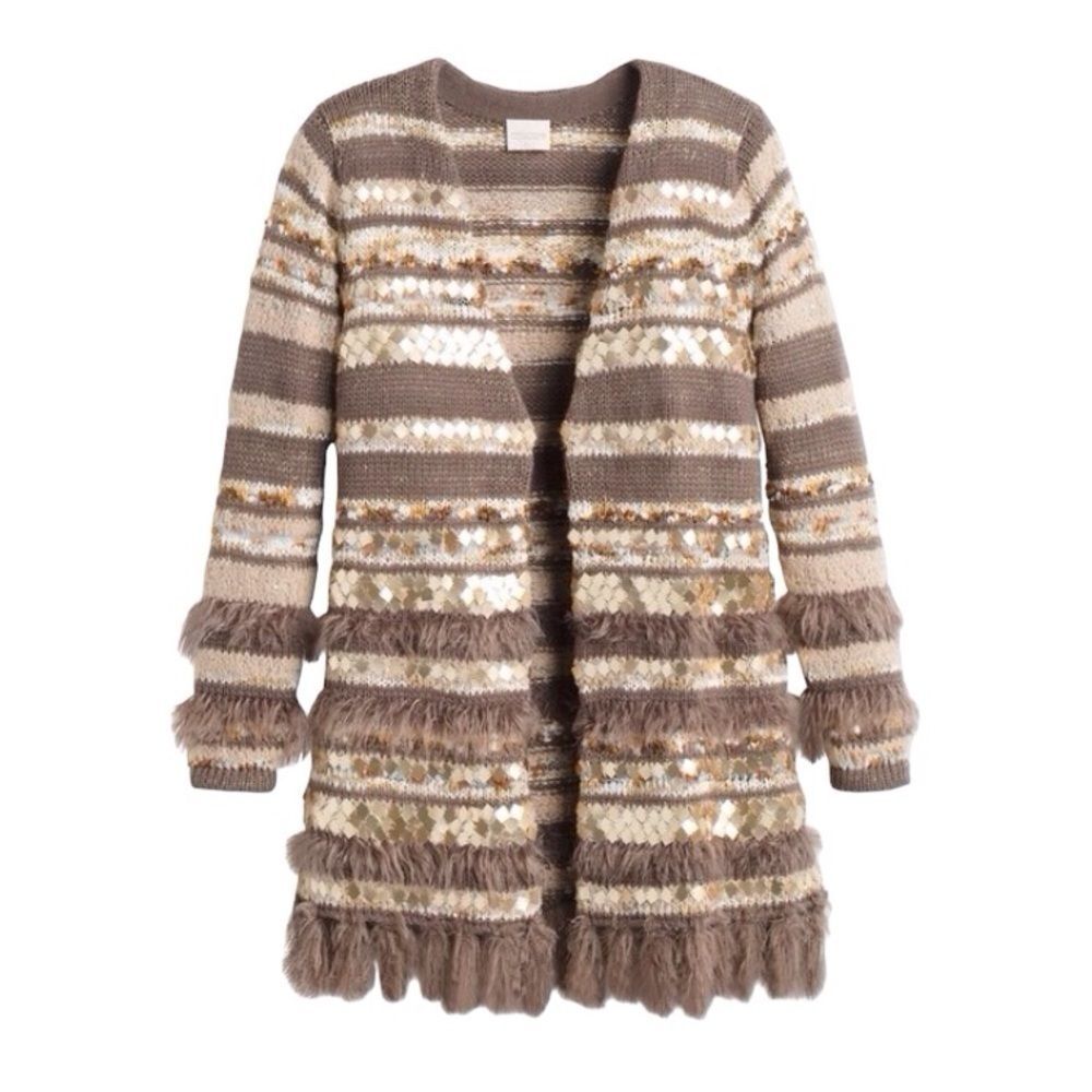 Mochaâ Brown Fringe Open Front Cardigan 3/4 Sleeve Boho Western Cabin Cozy SZ 4